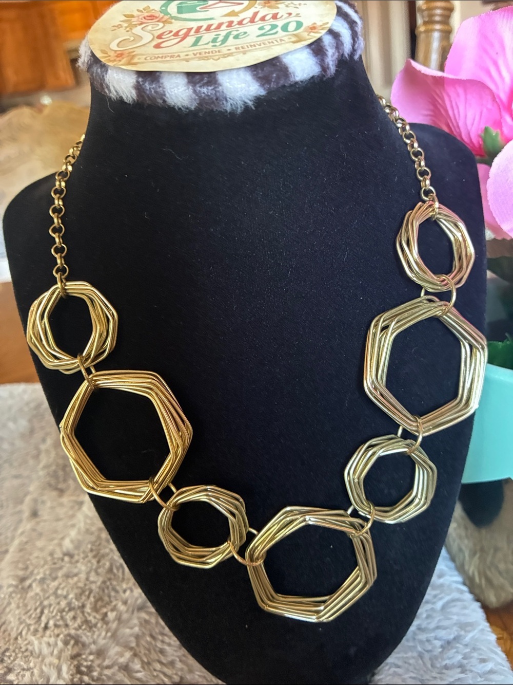 Gold Geometric Multi-Hexagon Necklace - Unbranded